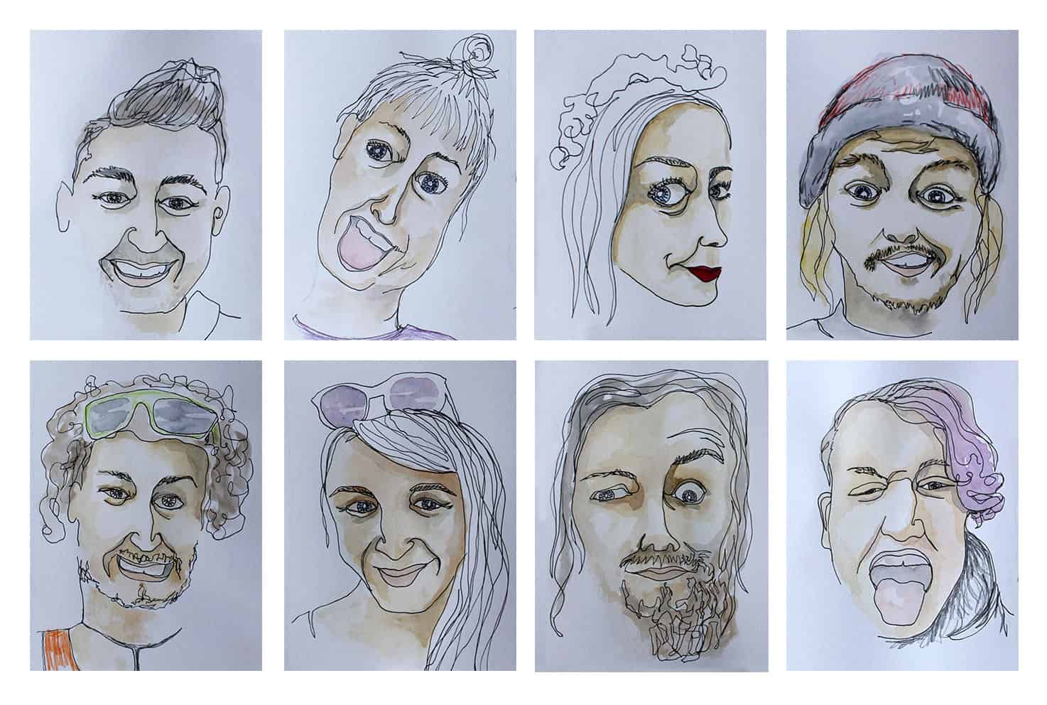 Watercolour and pen portraits of friends